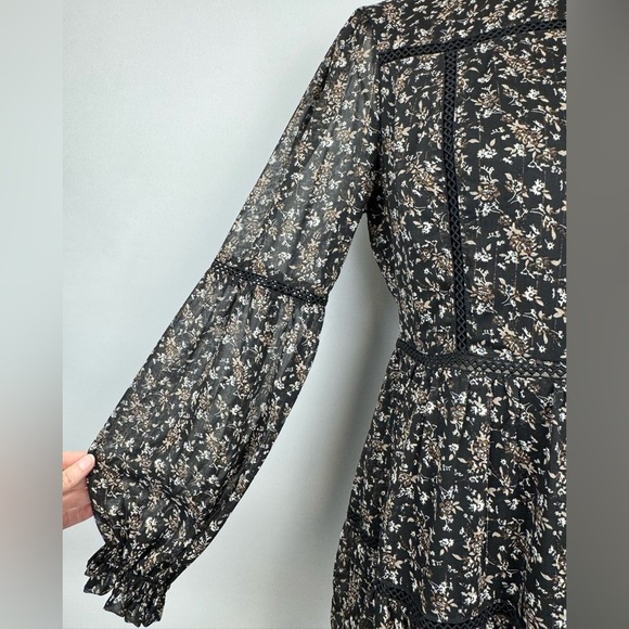 Aqua Ditsy Floral Black Dress Ruffle High Neck Embroidery Small Whimsigoth Boho - Picture 9 of 16